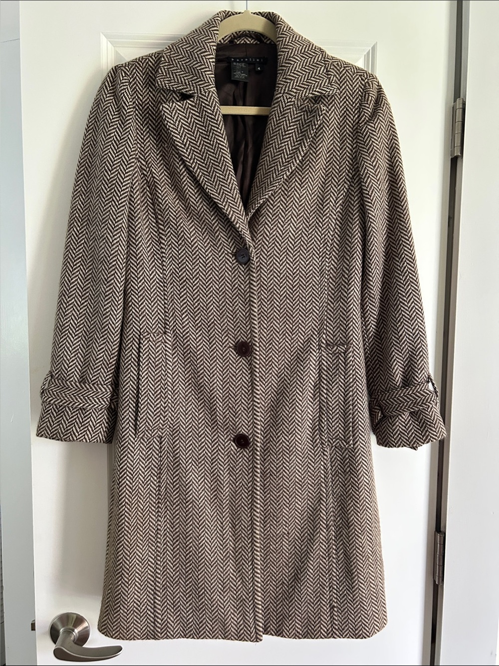Herringbone Wool-Blend Pea Coat in Brown & Cream